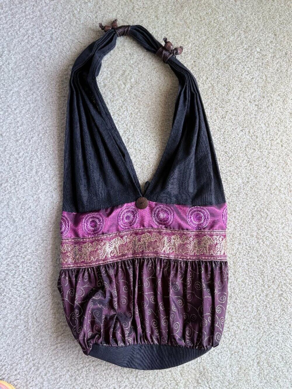 Boho Embroidered Elephant Tote Bag wtih Wooden Bead Handle